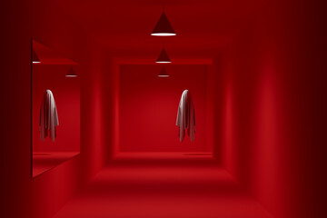 White ghost spirit floating in red corridor and reflecting in mirror. 3D Rendering, illustration. Halloween holiday concept.