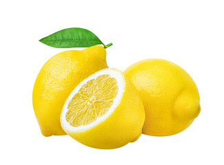 Lemons isolated. Three lemon fruits whole and cut half with green leaves - obrazy, fototapety, plakaty