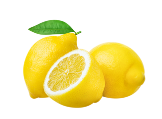 Lemons isolated. Three lemon fruits whole and cut half with green leaves