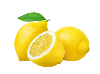 Foto op Plexiglas Lemons isolated. Three lemon fruits whole and cut half with green leaves © Olesia