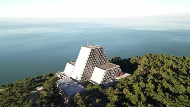 Aerial view Temple of Monte Grisa on Italian Karst Plateau mountain above Trieste , Friuli Venezia Giulia Italy