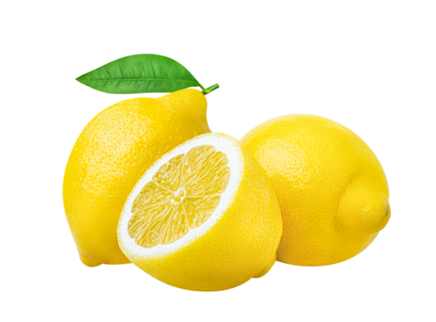 Lemons isolated. Three lemon fruits whole and cut half with green leaves