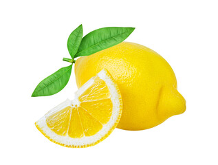 Lemon fruit isolated. Whole lemon and cut wedge with green leaves