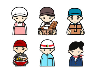 様々な職業の人々　調理士、キャビンアテンダント、配達人、救命士、パン屋、ラーメン屋