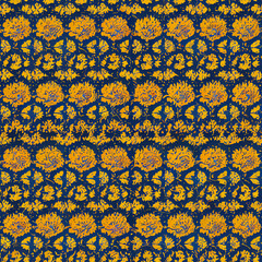 Yellow and azure floral seamless pattern with texture of Persian wool carpet