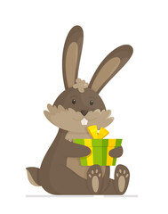 Easter symbol. Cute sitting bunny with a gift in his paws. Vector illustration of a banner with a cute bunny.