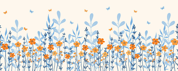Seamless border with wildflowers grass leaves and butterflies. Blue orange beige. Floral pattern for ribbon, stripes, paper, fabric.