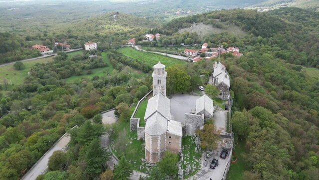 Aerial view of Sanctuary of Monrupino church, Rocca di Monrupino near Trieste, Friuli-Venezia Giulia, north east Italy.