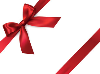 Vector bright red shiny ribbon with decorative bow on white background - invitation, gift wrapping or card design