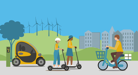Urban sustainable environment with humans using electrified  transport. Electric car charging energy.  Electric vehicles,  scooters,  bikes and cars. 