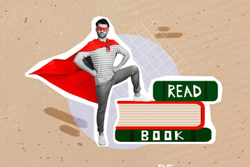 Creative abstract template collage of serious superman stand big book pile read more text education...