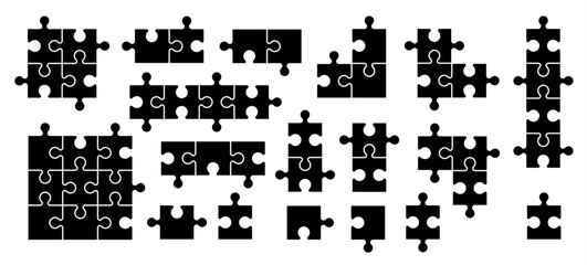 jigsaw puzzle pieces connection line pattern. Puzzle pieces icon or pictogram. Cartoon vector outline. Autism awareness logo or symbol. Dubbele platte puzzels. Teamwork concept. Mosic sign. Game print - obrazy, fototapety, plakaty