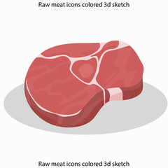 Raw meat icons colored 3d sketch