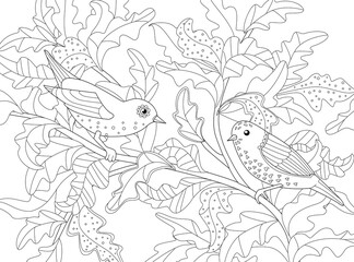 A coloring page for adult with an outline drawing of flying anim