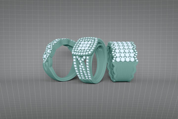 Jewelry rings with diamonds 3D rendering in wireframe mesh grid