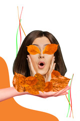 Pop banner collage of freak lady head showing by human hand golden orange leaves decor on painted background