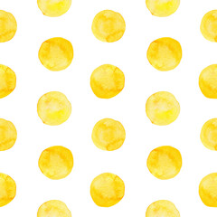 Watercolor yellow round stains isolated on white background. Bright hand-drawn polka dot seamless pattern