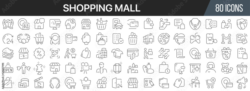 Poster shopping mall line icons collection. big ui icon set in a flat design. thin outline icons pack. vect