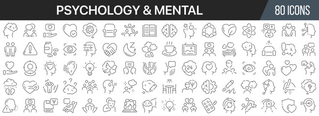 Psychology and mental line icons collection. Big UI icon set in a flat design. Thin outline icons pack. Vector illustration EPS10 - obrazy, fototapety, plakaty