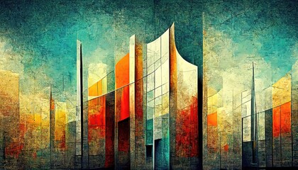 Retro, modern, abstract design elements with a watercolor texture, with a deformed modern building in Technicolor. Background design.