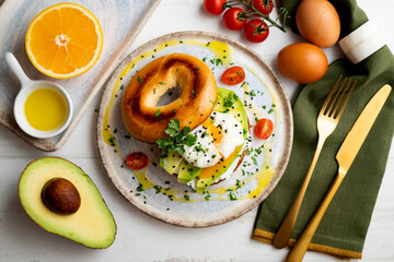 Toasted baggel with cream cheese, avocado, organic cherry tomatoes and poached egg. Vegan brunch.