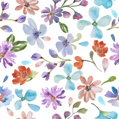 Watercolor seamless pattern with abstract different colorful flowers. Hand drawn nature illustration on white background. For interior, packaging design or print