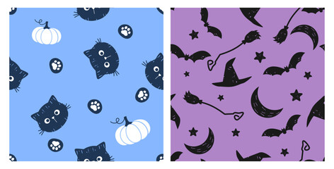 Naklejka premium Seamless pattern with black cat, pawprint, pumpkin, hat, bat and star on blue and purple backgrounds vector illustration. Cute Halloween wallpaper.