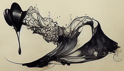 Fluid, elegant abstract pattern with black and white ink drops that look like a clothed woman. Design Elements. Background Design