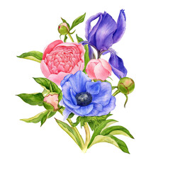 pink peonies and blue anemone and iris, garden flowers and green leaves, watercolor drawing bouquet, hand drawn illustration,natural template