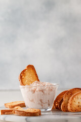 Shrimp dip and bread chips (toasted bread). A delicious seafood appetizer with mayonnaise. Mediterranean cuisine. Selective focus, copy space - 535278570
