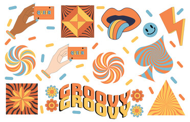 Naklejka premium Groovy Psychedelic Retro 90s style patches collection. Groovy trendy retro hippie sticker pack. Girls hand, symbol, groovy, flower, heart shape, modern shape, hand.