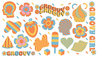 Groovy Psychedelic Retro 90s style patches collection. Groovy trendy retro hippie sticker pack. Water-milon, cup cake, face, Girls hand, flower, heart shape, modern shape.