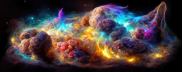 Multicolored nebulae in space. Many stars illustration © Nika