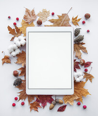 Tablet on a white background with colorful autumn leaves