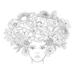 vector drawing woman with flowers at head , sketch of young girl, hand drawn illustration