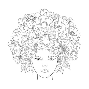 vector drawing woman with flowers at head , sketch of young girl, hand drawn illustration