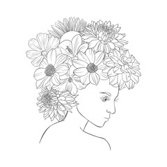 vector drawing woman with dahlia flowers at head , sketch of young girl, hand drawn illustration