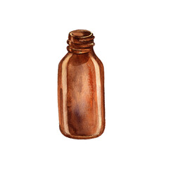 watercolor drawing glass bottle for essential oil at white background, hand drawn illustration
