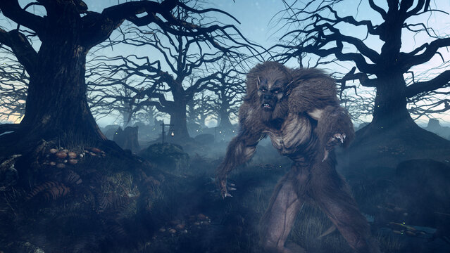 Werewolf mythical supernatural creature in a dark creepy forest at night. 3D rendering.