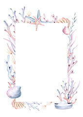 frame of sea animals. Blue watercolor ocean fish wreath, turtle, whale and coral. Shell aquarium mermaid submarine. Nautical dolphin marine illustration, jellyfish, starfish
