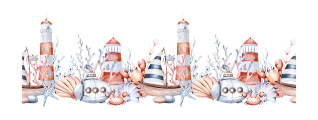 Watercolor seamless border kids cartoon cute lighthouse, boat and submarine. design for cards, wallpapers, scrapbook, invitations and nursery birthday, baby shower, travel