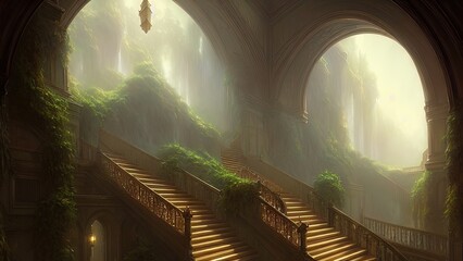 Staircase in the palace leading to the top. Large panoramic windows. Fantasy interior with a garden. Rays of the sun, shadows. Majestic staircase. 3D illustration.