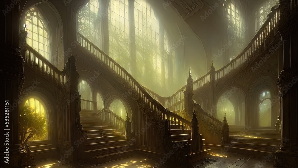 Wall mural Staircase in the palace leading to the top. Large panoramic windows. Fantasy interior with a garden. Rays of the sun, shadows. Majestic staircase. 3D illustration.