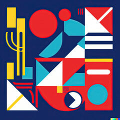 Swiss design style abstract poster layout with geometric graphics and bold elements. Modern geometry composition artwork with simple vector shapes. Useful for poster design, web presentation, etc.