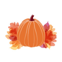 Pumpkin. Pumpkin and leaves. Composition with a pumpkin. Vector autumn illustration. Icon pumpkin. Autumn design. Halloween designs