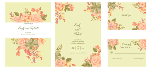 vector floral design for wedding invitation with pastel flowers and leaves, floral poster, decorative greeting cards