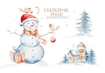 Watercolor Merry Christmas illustration with snowman, christmas tree, santa holiday invitation. Christmas gift celebration cards. Winter new year design.