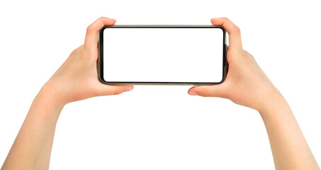 Hands holding mobile smartphone with blank screen isolated on white background 