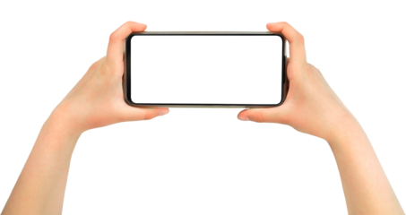 Hands holding mobile smartphone with blank screen isolated on white background 