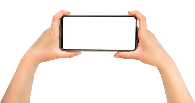 Hands holding mobile smartphone with blank screen isolated on white background 